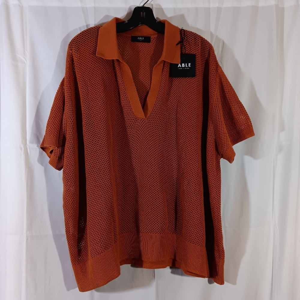 Able NWT Womens 3X Collins Sweater Polo Mesh Open Knit Organic Cotton Top Sheer
